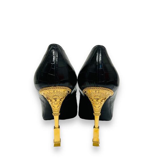 BALMAIN Black Leather Croc-Embossed MONETA Pointed Gold Heel Pumps 39 US 9 - Picture 6 of 10